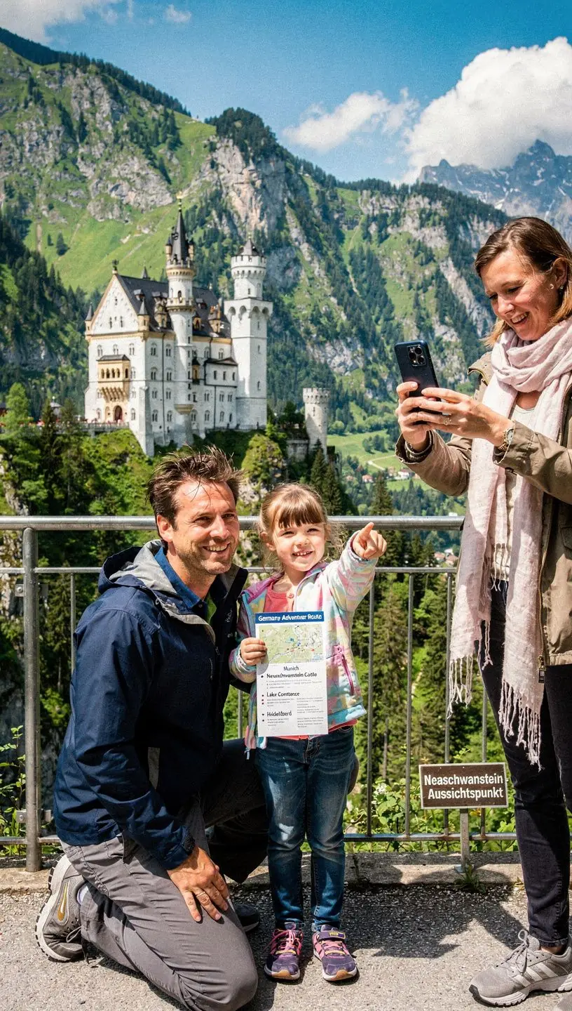 Eine Gruppe von Freunden, die an einem Aussichtspunkt eine Pause machen und die Aussicht genießen.
